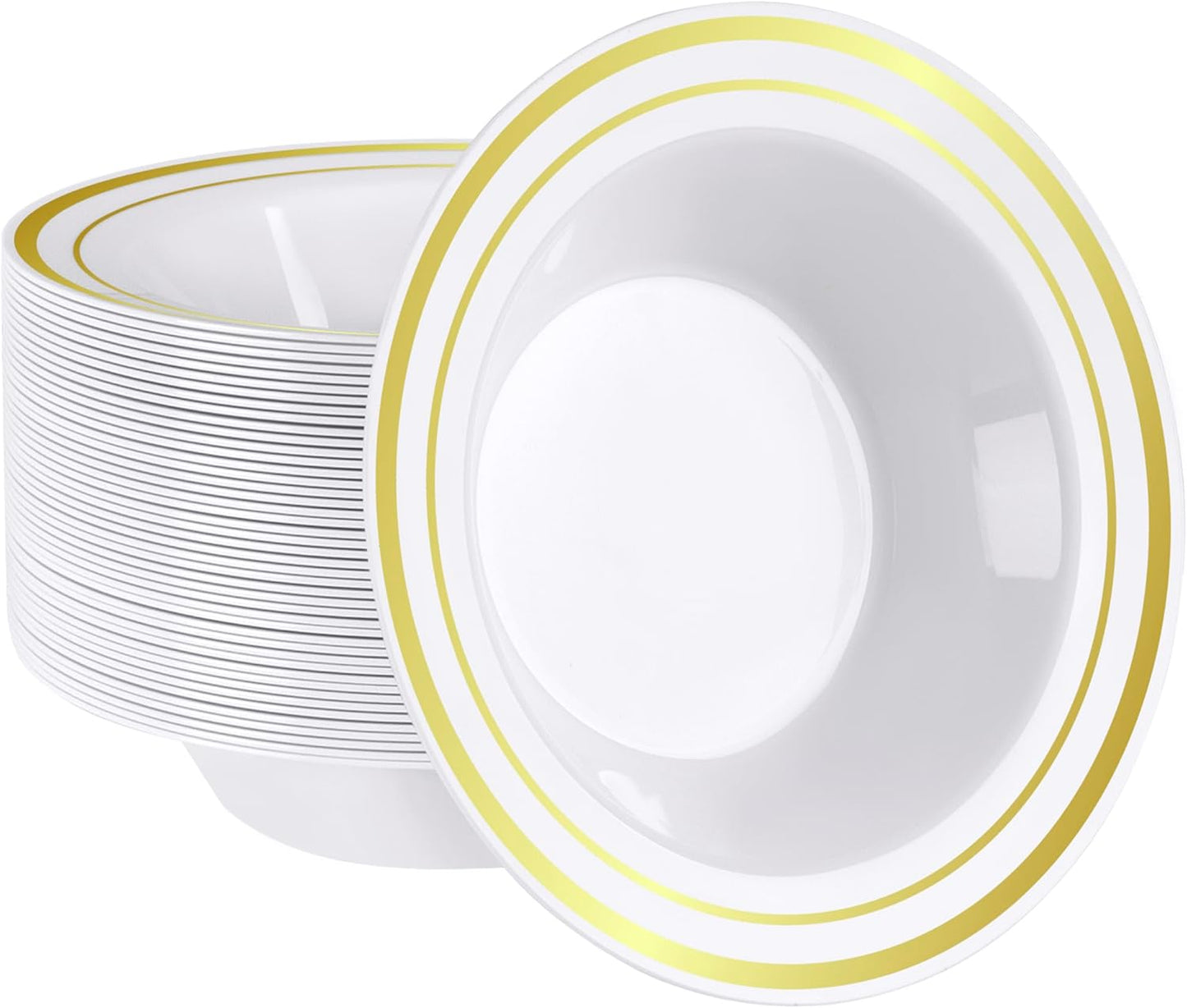 SETUP [12 oz. - 50 Piece Dessert Soup Bowls with Gold Rim, Plastic Bowls Disposable - Premium Heavy-Duty Disposable Soup Bowls for Party, Wedding, and All Occasions
