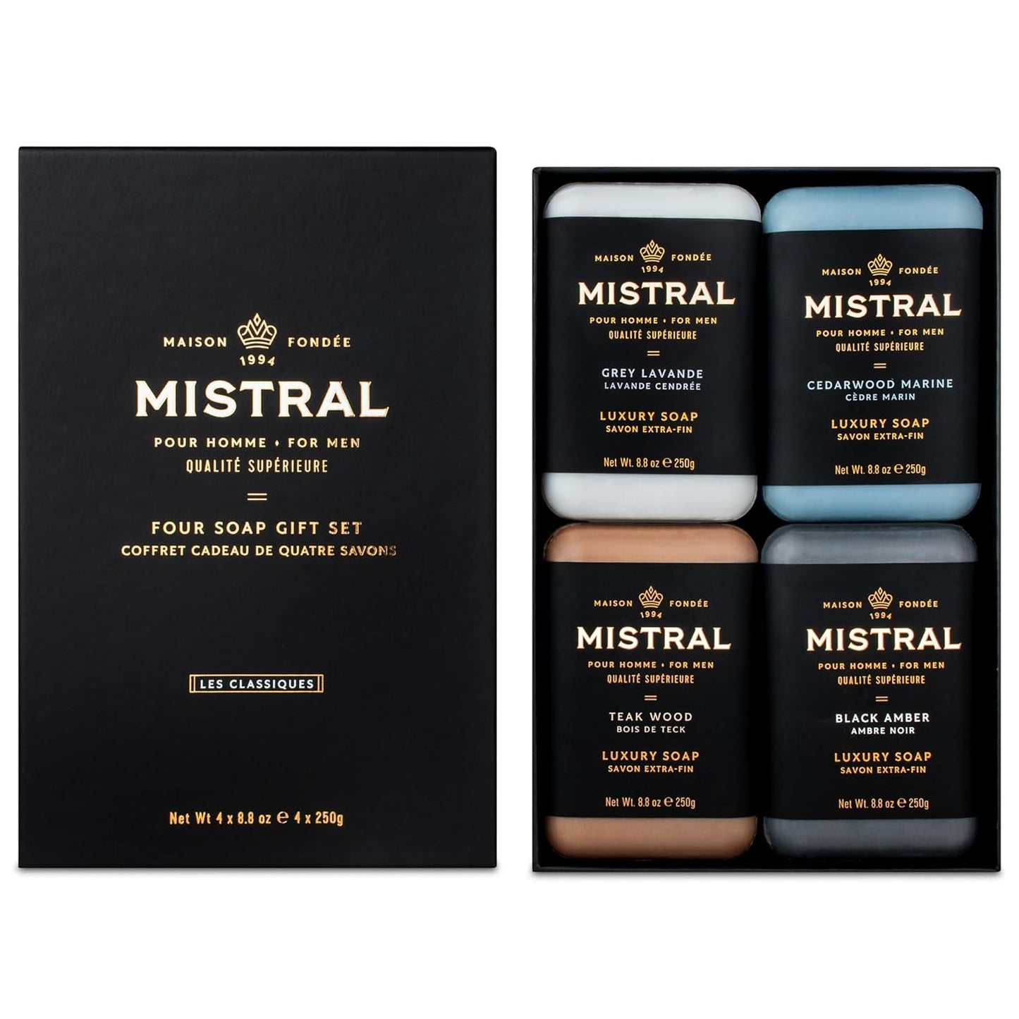 Mistral Men’s Luxury Bar Soap for Men | Gift Set (4 x 8.8 oz) – Grey Lavande, Cedarwood Marine, Teak Wood, Black Amber | Moisturizing, Triple-Milled Natural Soap for Men - Made in France
