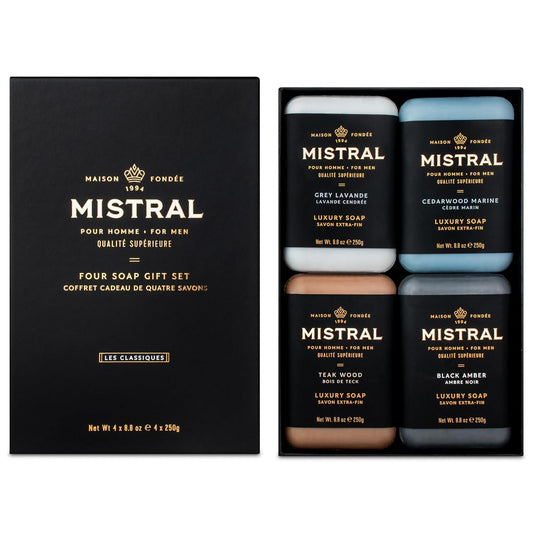 Mistral Men’s Luxury Bar Soap for Men | Gift Set (4 x 8.8 oz) – Grey Lavande, Cedarwood Marine, Teak Wood, Black Amber | Moisturizing, Triple-Milled Natural Soap for Men - Made in France