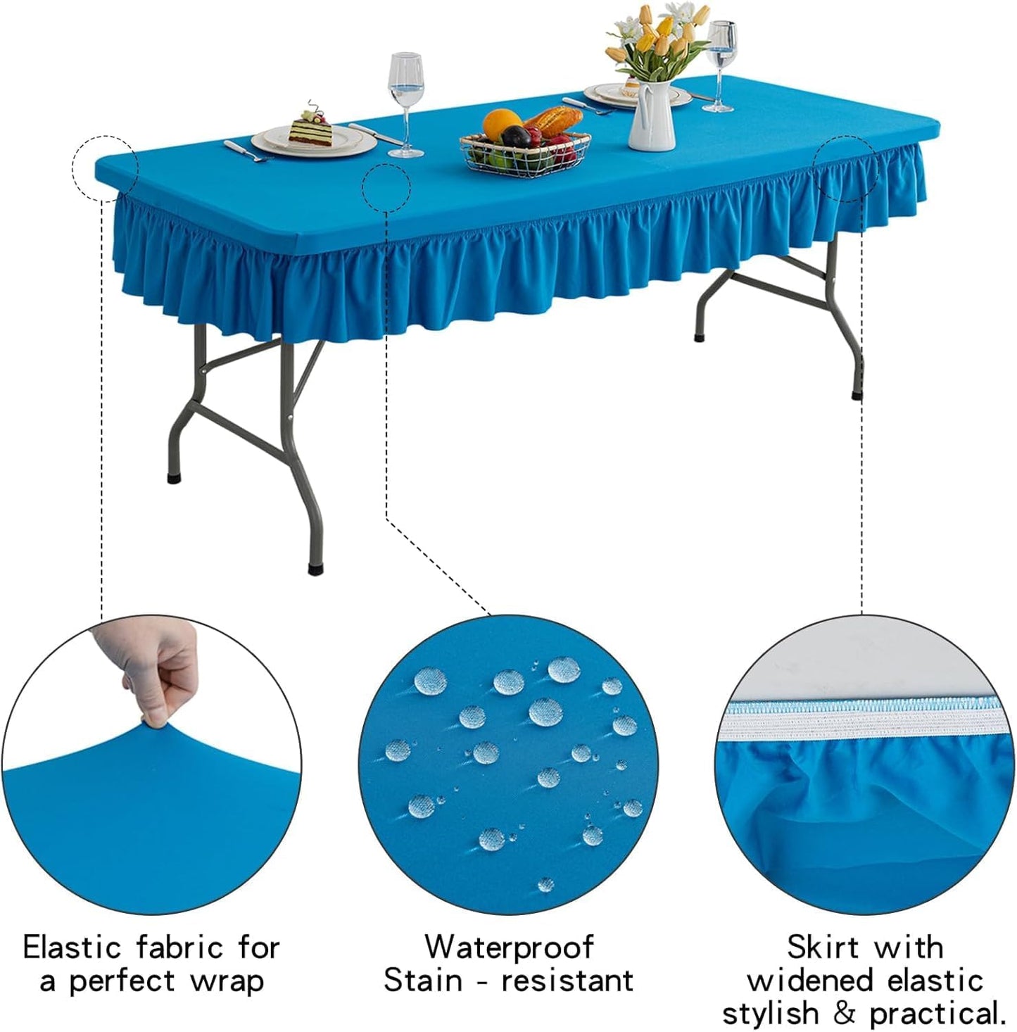 4ft Sky Blue Stretch Tablecloth for Rectangular Tables - Flared Wrap Design, Waterproof, Wrinkle-Resistant, Washable - Ideal for Weddings, Parties, Banquets & Table Protection