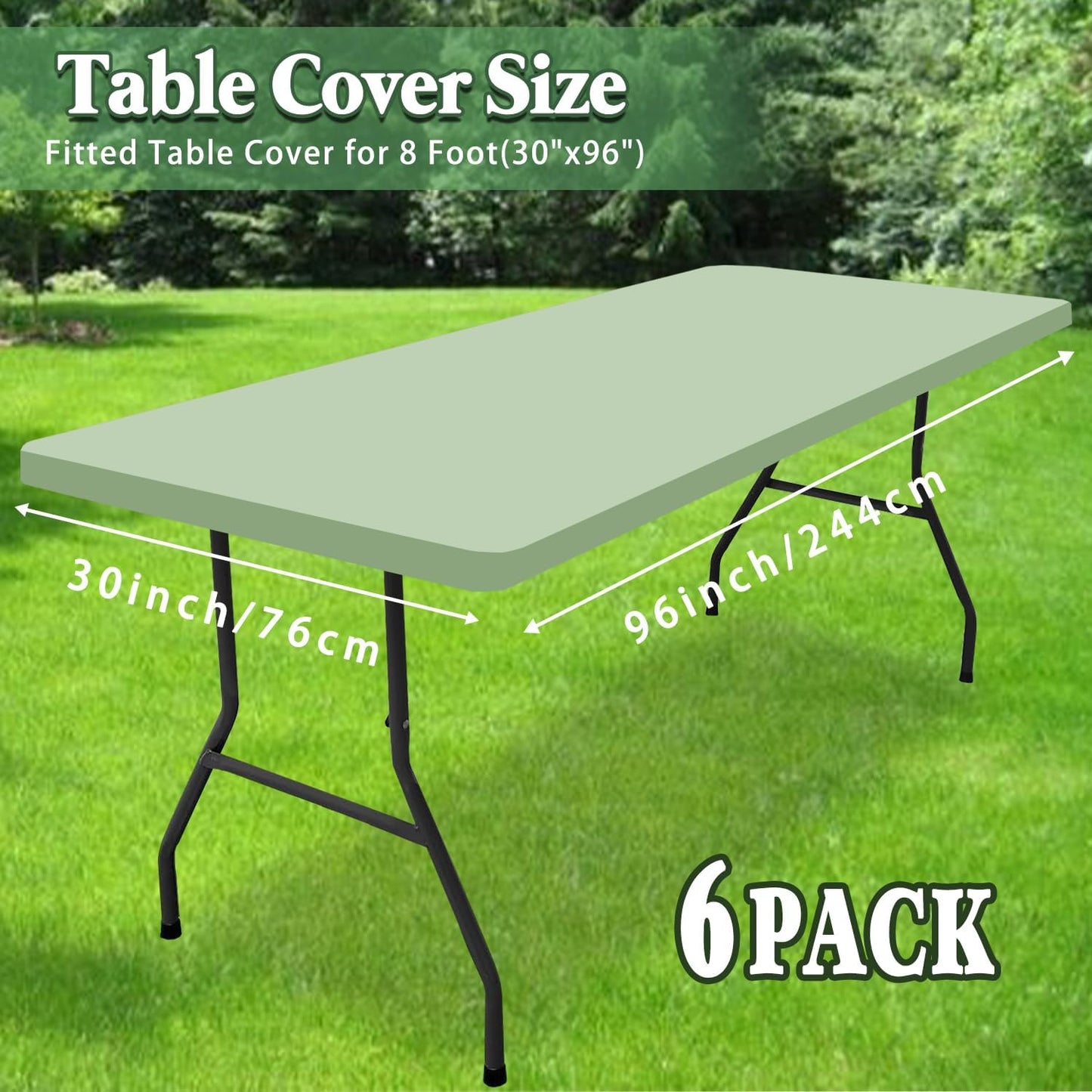 6 Pack Picnic Table Cover Elastic Fitted Outdoor Tablecloths for 8 Foot Rectangle Tables Waterproof Stretch Washable Patio Folding Spandex Table Cloth Camping Banquet Parties (Sage Green,30" x 96")