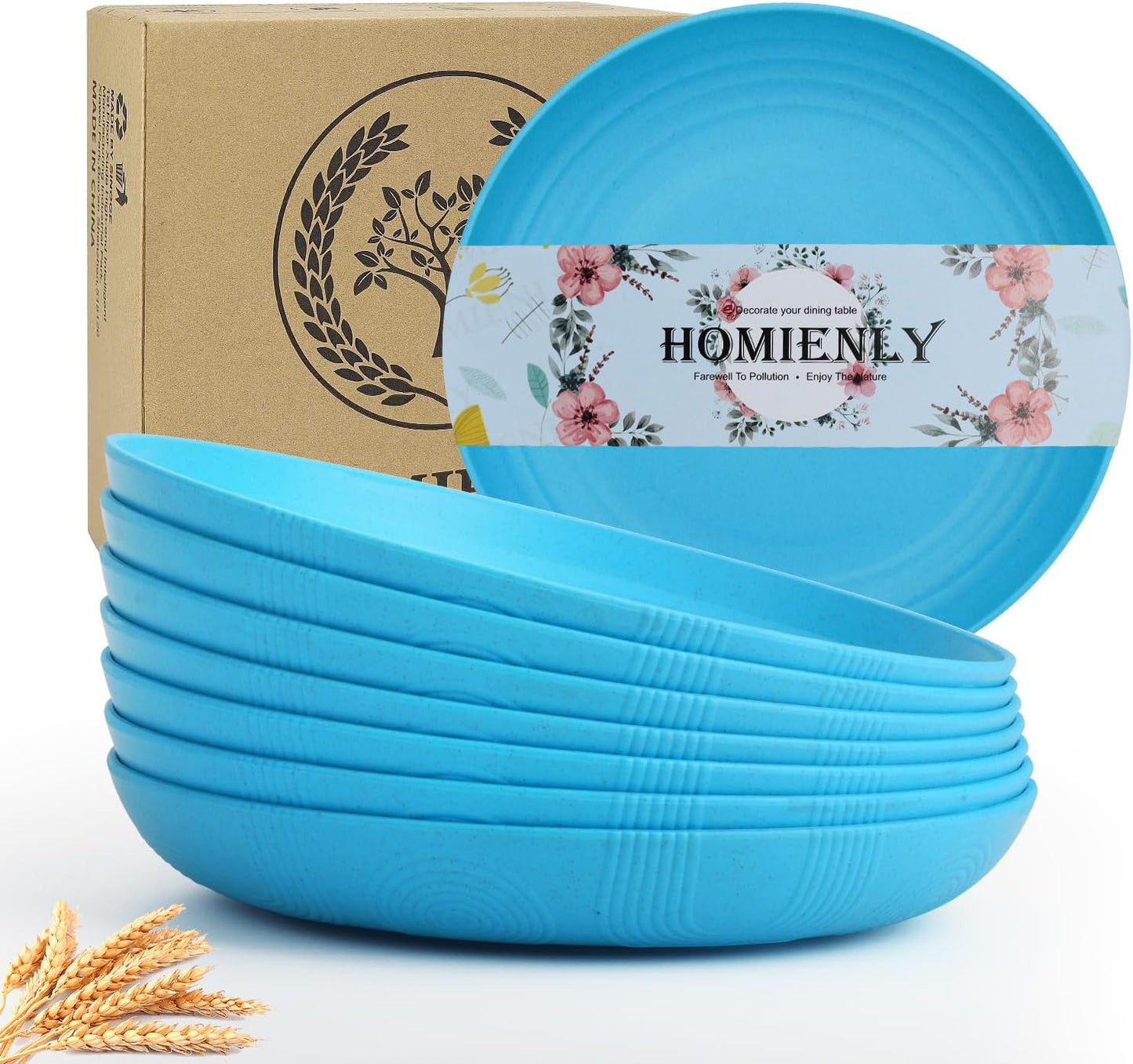 Homienly Wheat Straw Plates, 10 inch Deep Dinner Plates, Service for 8, Unbreakable Plates for Outdoor, Lightweight Microwave and Dishwasher Safe Camping Plate Set for Dinner, Salad, Fruit - Sky Blue