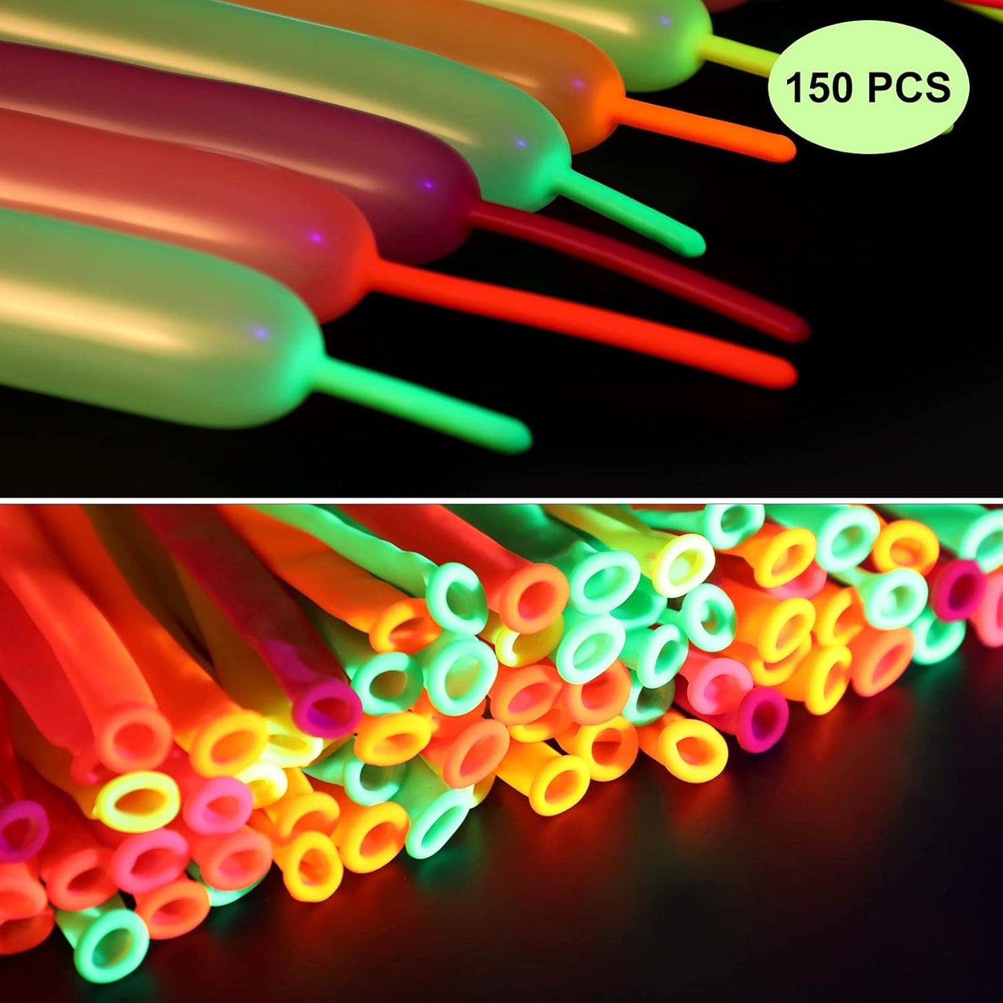 Skylety 150 Pieces Neon Glow Long Balloons Backlight Reactive Fluorescent Colorful Long Animal Twisting Latex Balloons for Twisting DIY Animals Birthday Party Decorations