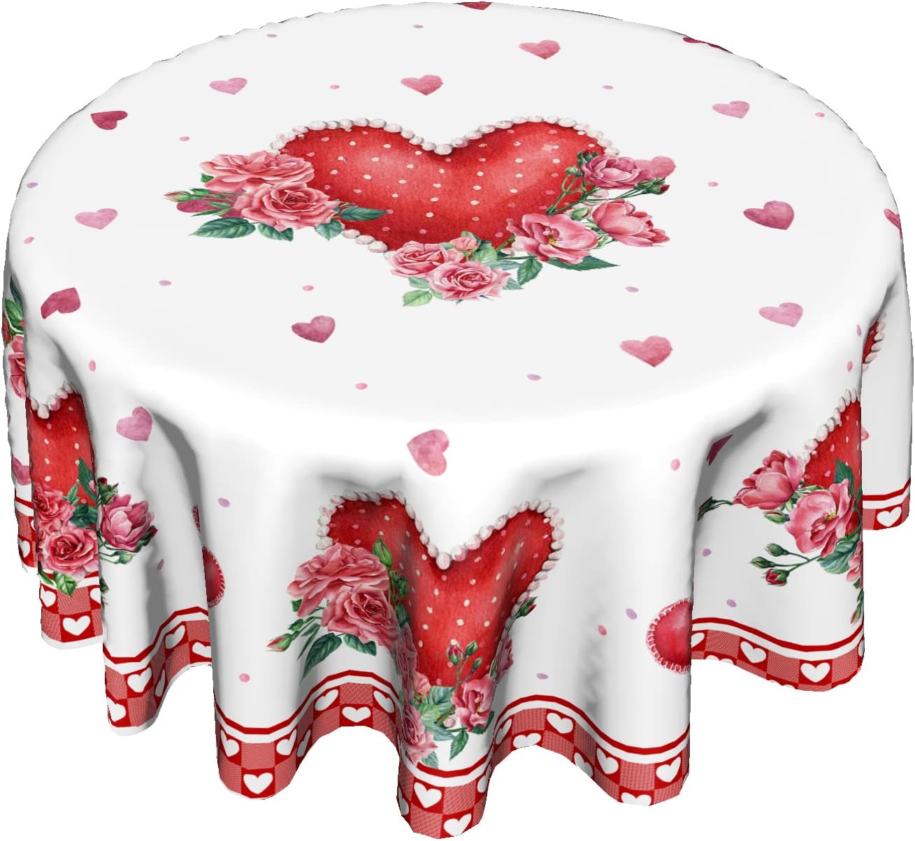 Giwawa Valentines Day Round Tablecloth 60 Inch, Red Pink Hearts Rose Flower Circular Table Cloth with Check Plaid, Love Watercolor Romantic Table Cover for Kitchen Dining Anniversary Decor