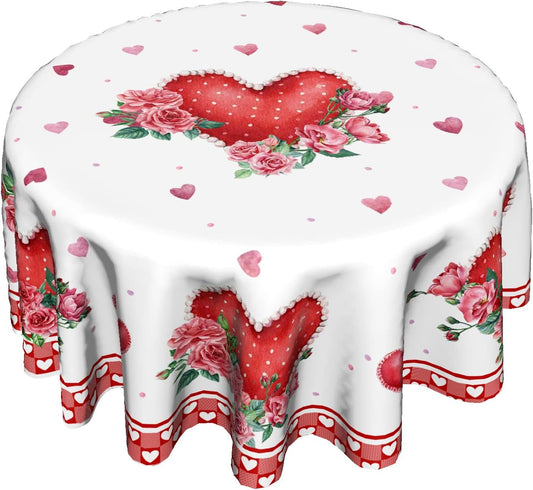 Giwawa Valentines Day Round Tablecloth 60 Inch, Red Pink Hearts Rose Flower Circular Table Cloth with Check Plaid, Love Watercolor Romantic Table Cover for Kitchen Dining Anniversary Decor