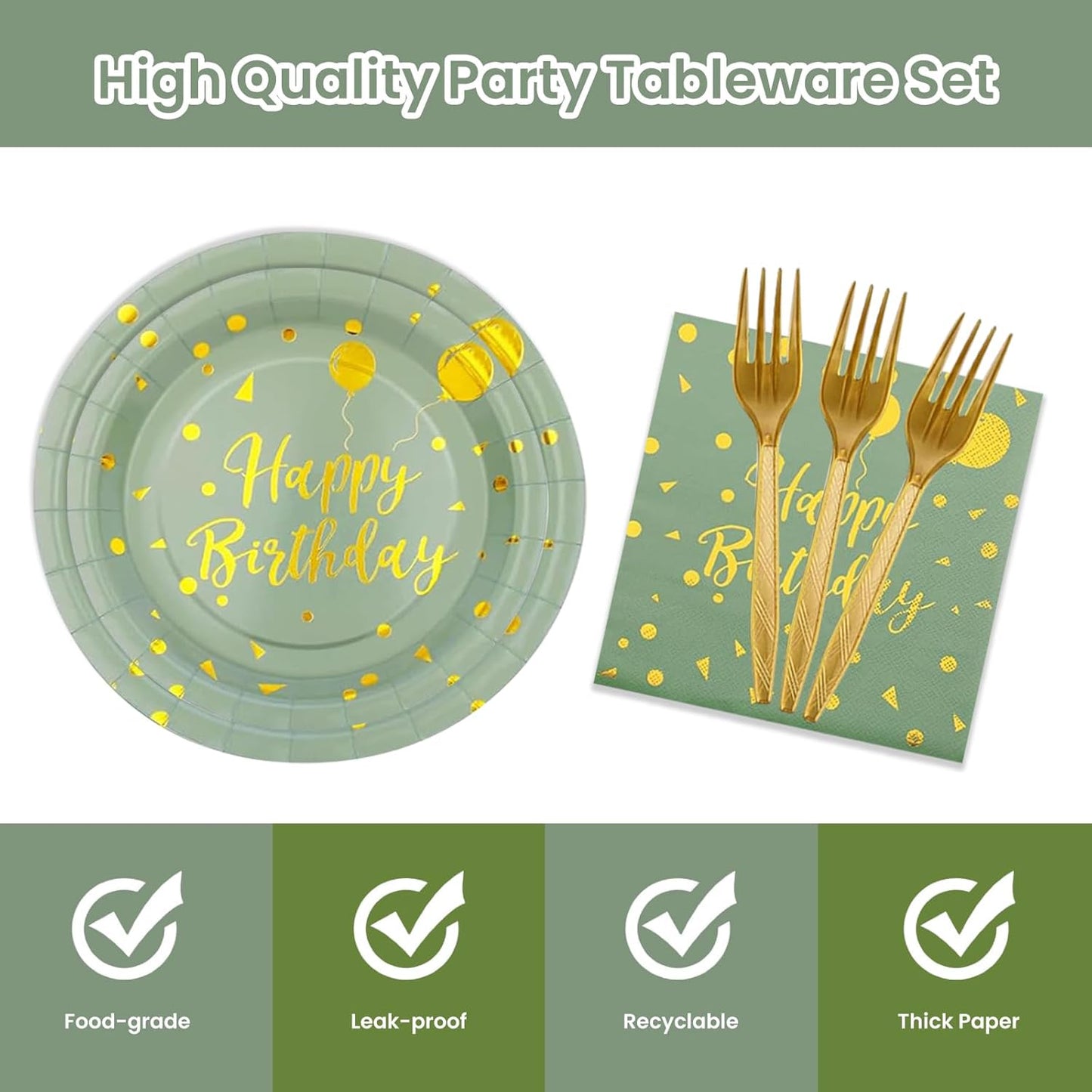 96PCS Happy Birthday Plates and Napkins Party Supplies, Sage Green and Gold Disposable Paper Plates and Napkins with Forks Tableware Set for Birthday Party Decorations 24 Guests (Birthday Sage Green)