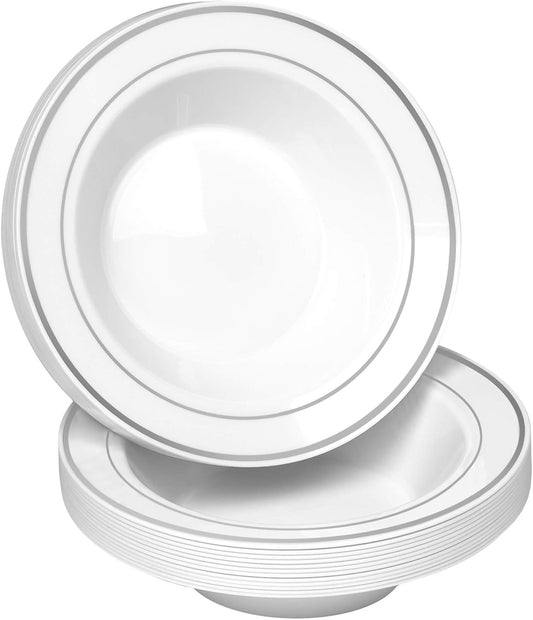 BloominGoods 50 Disposable White Silver Rimmed Plastic Soup Bowls | 14 oz. Premium Heavy Duty Disposable Dinnerware with Real China Design | Safe & Reusable (50-Pack White/Silver Trim)