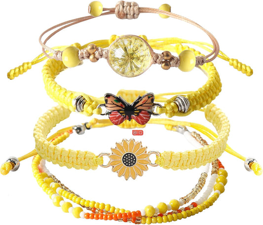 DS 4PCS String beads Charm Bracelets for Teen Girls Dainty cute cartoon Butterfly Daisy Eternal flower Beads Bracelets set for woman and girls Adjustable Stretch bracelet birthday Gift For Friends