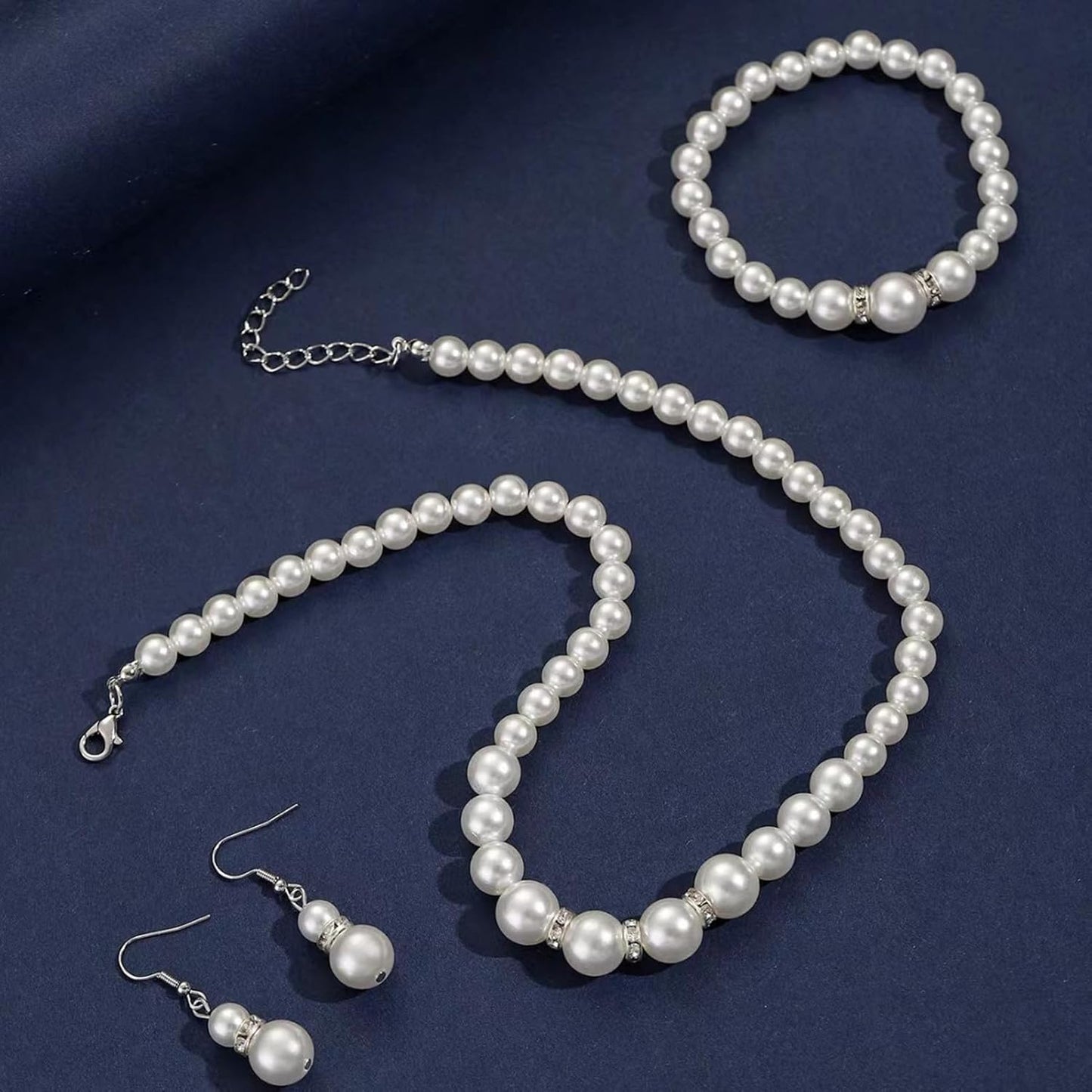 la luen Pearl Bride Wedding Jewelry Set Faux Pearls Crystal Rhinestone Necklace Earrings Bracelet Sets for Women Bridesmaid(3 PCS)