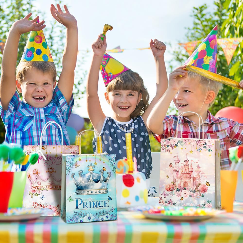 24 Pcs Princess Prince Party Favor Bags with Handles - Prince Princess Castle Goodie Gift Candy Treat Paper Bags for Birthday Gender Reveal Baby Shower Party