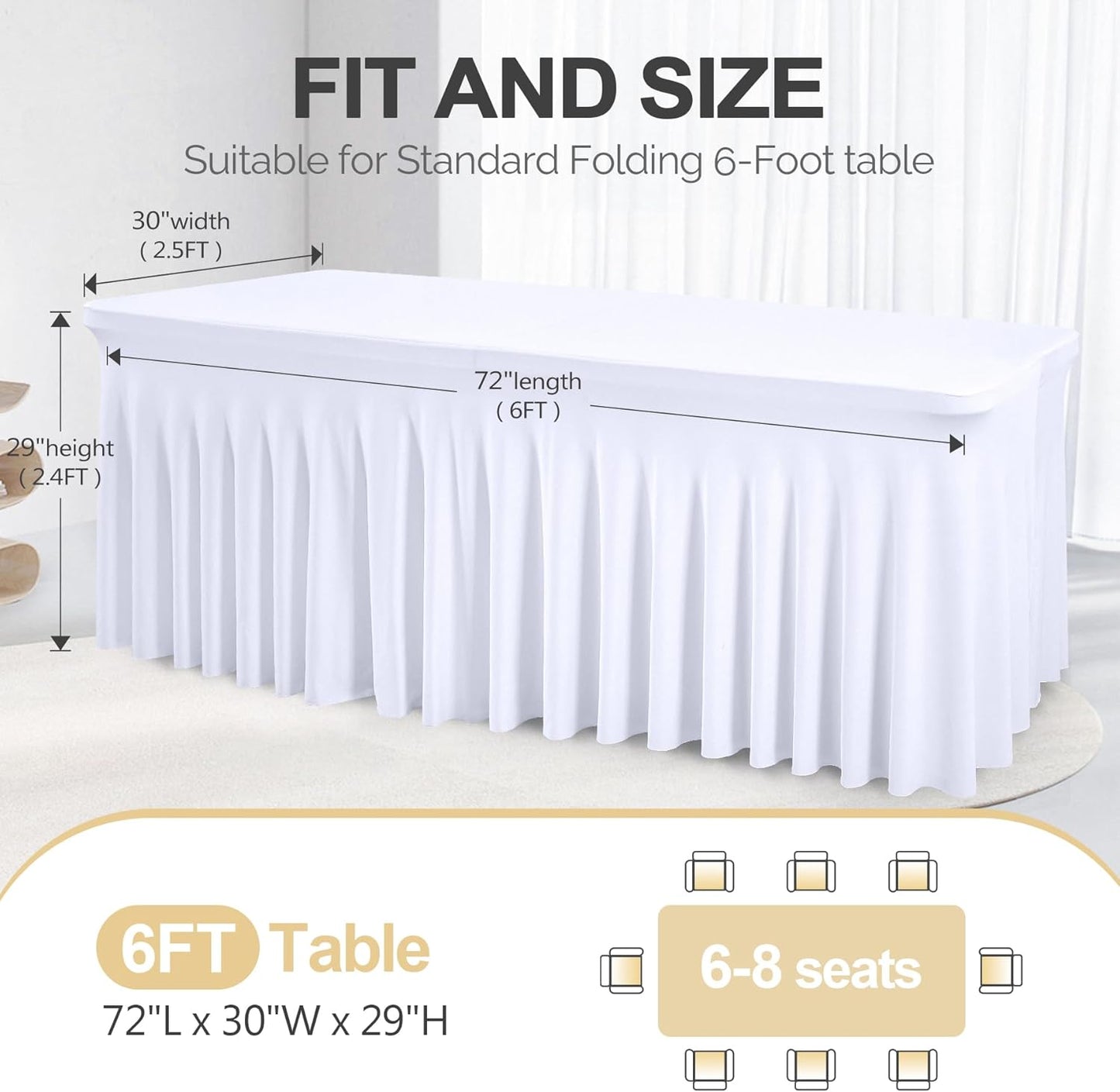 PARTISKY White Spandex Tablecloth for 6ft Rectangle Tables, Stretchable Table Cover Skirt for Folding Tables Weddings Parties Banquets Events Trade Shows and Dessert Table