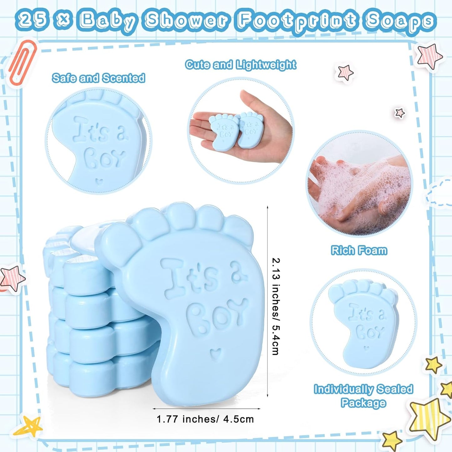 25 Sets Baby Shower Soap Favors for Guests Girl Boy Mini Footprint Handmade Scented Soaps with Thank You Tags and Organza Bags for Shower Gender Reveal Party Favors(Blue, Boy)