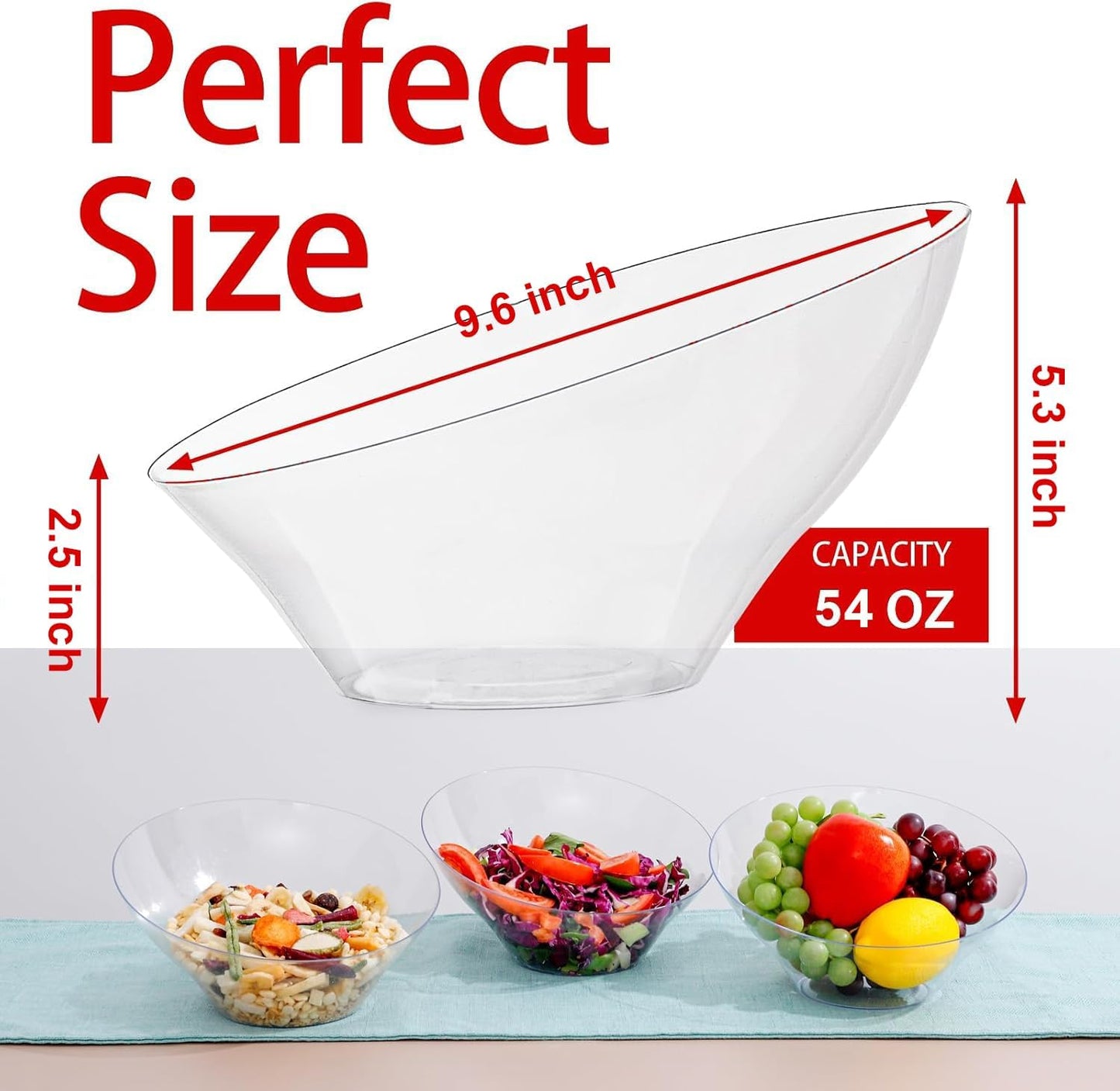 bUCLA 54 OZ Clear Plastic Serving Bowls (12 Pack) - Angled Serving Bowls Disposable for Chip&Candy - Party Table Salad and Fruit