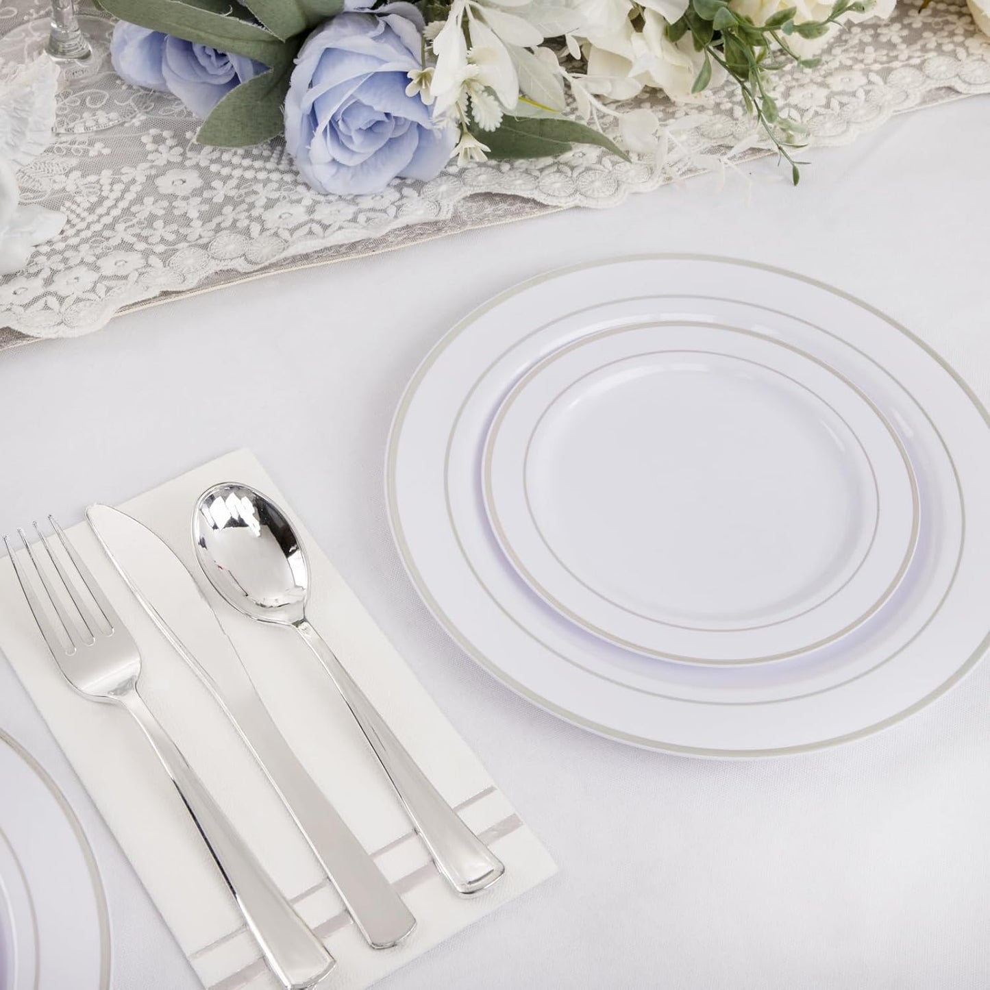 GATHER 350PCS Silver Plastic Plates - White and Silver Disposable Plates for 50 Guests Includes 50 Dinner Plates 50 Dessert Plate 50 Napkins 150 Silvery Cutlery and 50 Cups for Wedding & Party