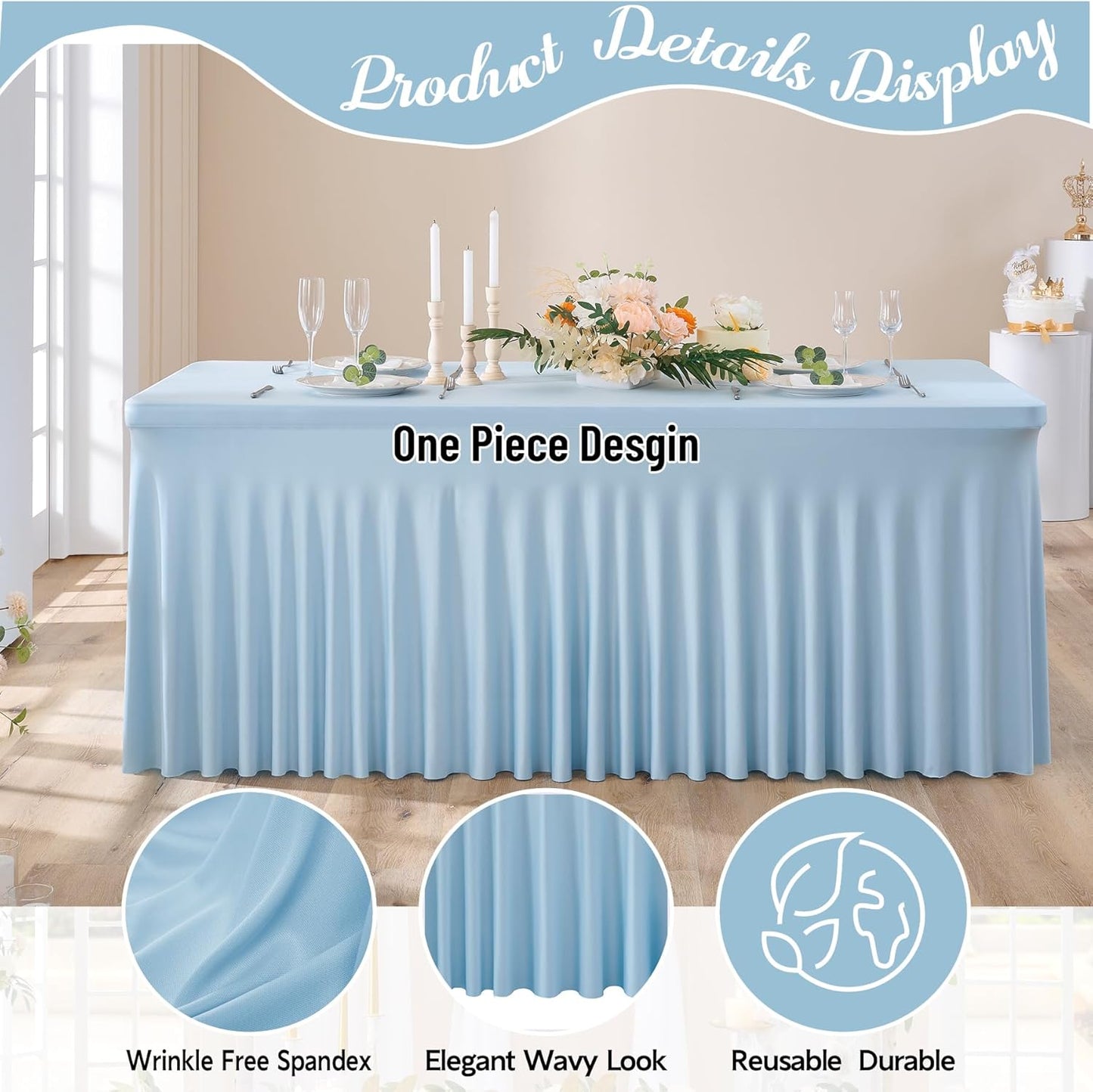 leegleri 4 Pack Blue Spandex Tablecloths for 8 Foot Rectangle Tables, Wrinkle Free Fitted Table Cloths 8ft Stretchy Table Cloth Cover with Skirt for Parties Weddings Birthday Banquet Baby Shower