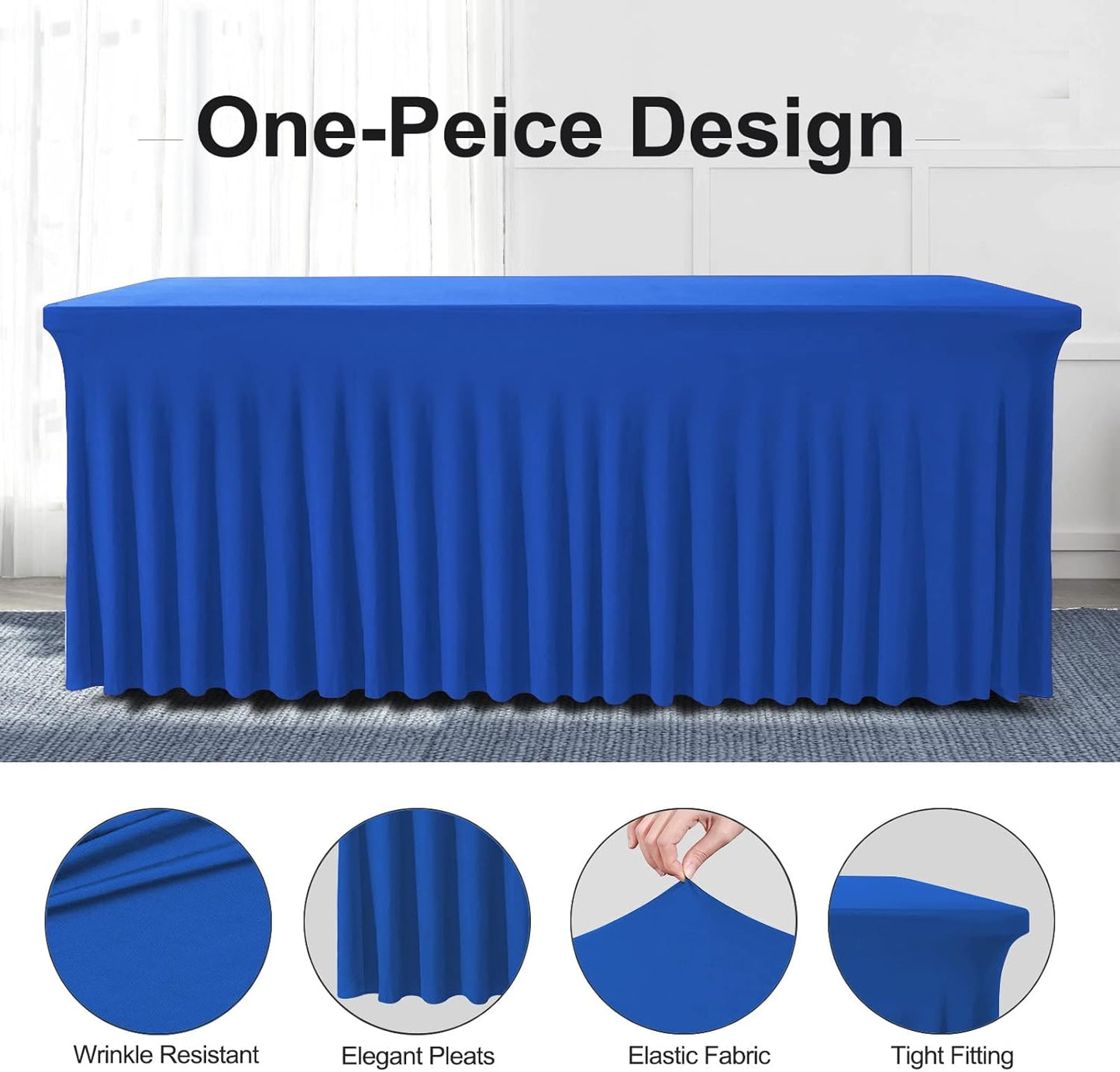 Table Skirts for Rectangle Tables 8ft - 2 Pack One-Piece Royal Blue Tablecloths and Skirt, Wrinkle Resistant Ruffles Elastic Cover for Banquets, Weddings, Events, Parties