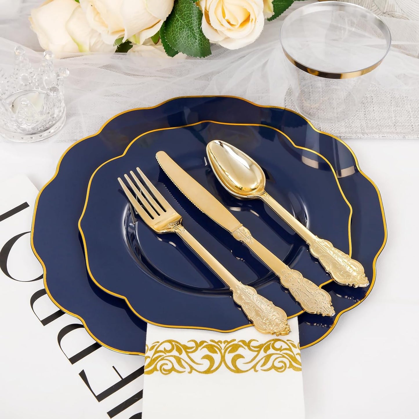 NOCCUR 175PCS Blue Plastic Plates with Disposable Silverware - Include 50 Blue Disposable Plates with Gold Rim,75 Gold Cutlery,25 Cups,25Napkins for Party/Hanukkah/Thanksgiving