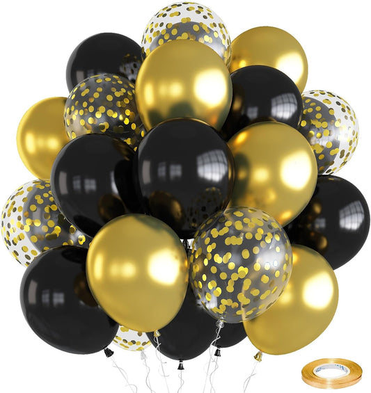Black and Gold Confetti balloons, 30 PCS Matte Black Metallic Chrome Gold Confetti Latex Balloons with Ribbon, Gold Black Party Balloons for Wedding Birthday Shower Baby Shower Graduation Decoration