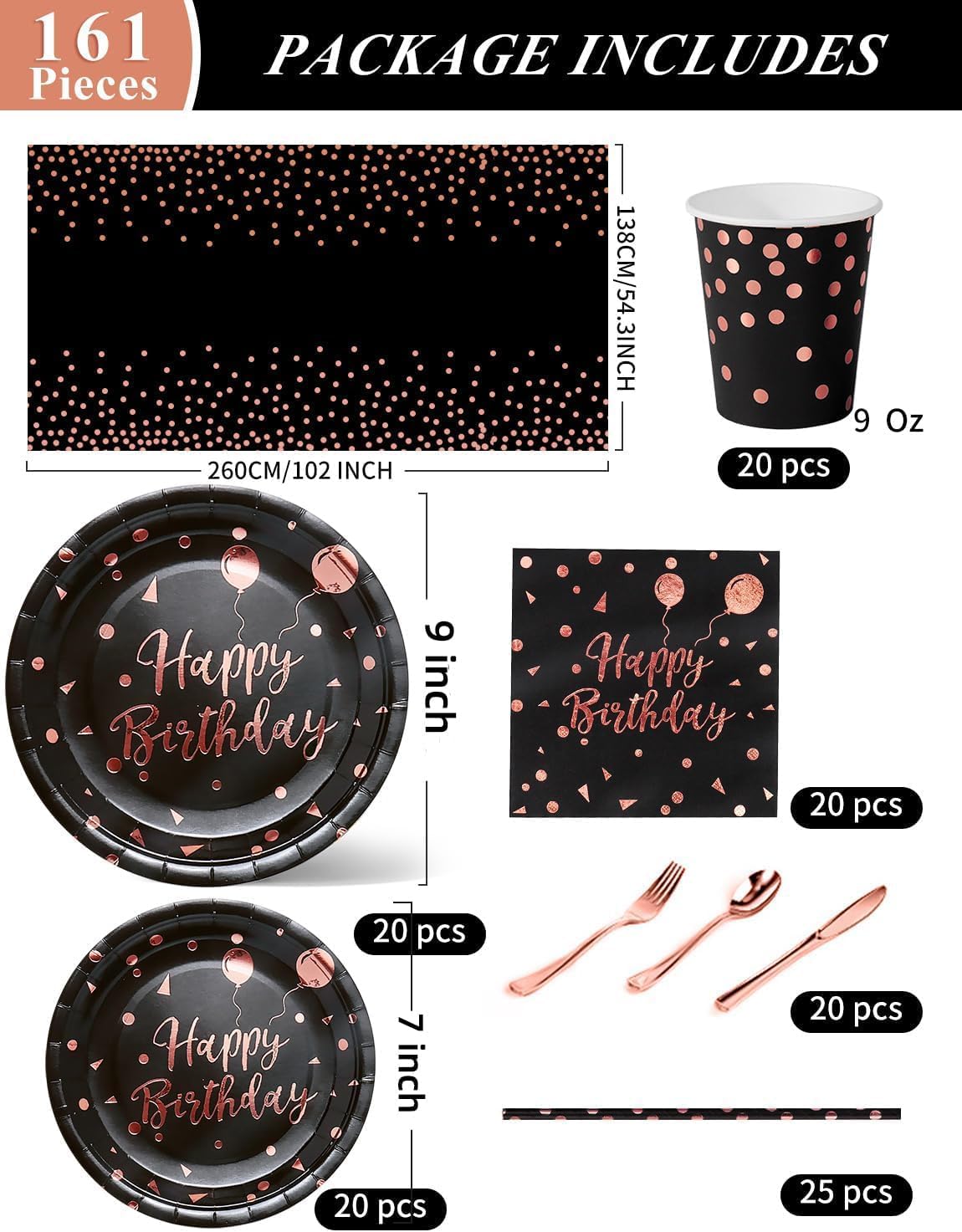 Birthday Party Tableware, 161 Pieces Black and Rosegold Party Supplies, Party Dinnerware Sets Include Paper Plates Napkins Cups Silverware, for Shower Engagement Parties Decoration -20 Serves