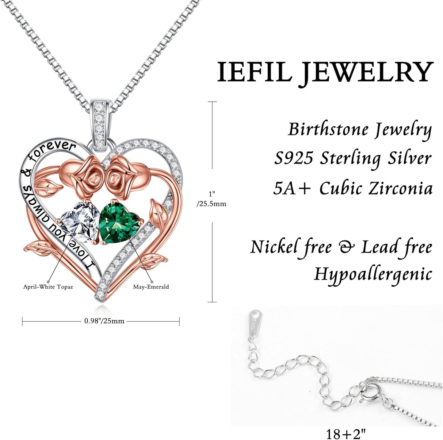 Iefil Rose Heart Double Birthstone Necklace Gifts for Wife Her Mom Women, Birthstone Jewelry Gemstone Birthday Gifts for Girlfriend Grandma Her Wife Women