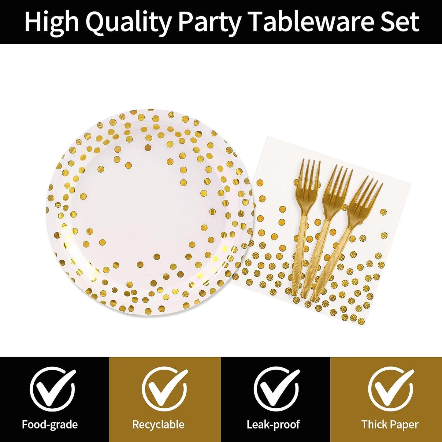 48PCS White and Gold Plates and Napkins Party Supplies, Gold Dot Disposable Party Paper Plates and Napkins with Forks Tableware Set for Wedding Baby Shower Birthday Decorations 16 Guests
