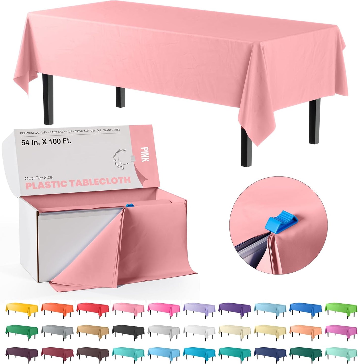 Party Solids 54 Inch X 100 Feet Pink Plastic Table Cover Roll in A Cut - to - Size Box with Convenient Slide Cutter. Cuts Up to 12 Rectangle 8 Feet Plastic Disposable Tablecloths