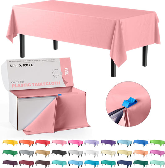 Party Solids 54 Inch X 100 Feet Pink Plastic Table Cover Roll in A Cut - to - Size Box with Convenient Slide Cutter. Cuts Up to 12 Rectangle 8 Feet Plastic Disposable Tablecloths