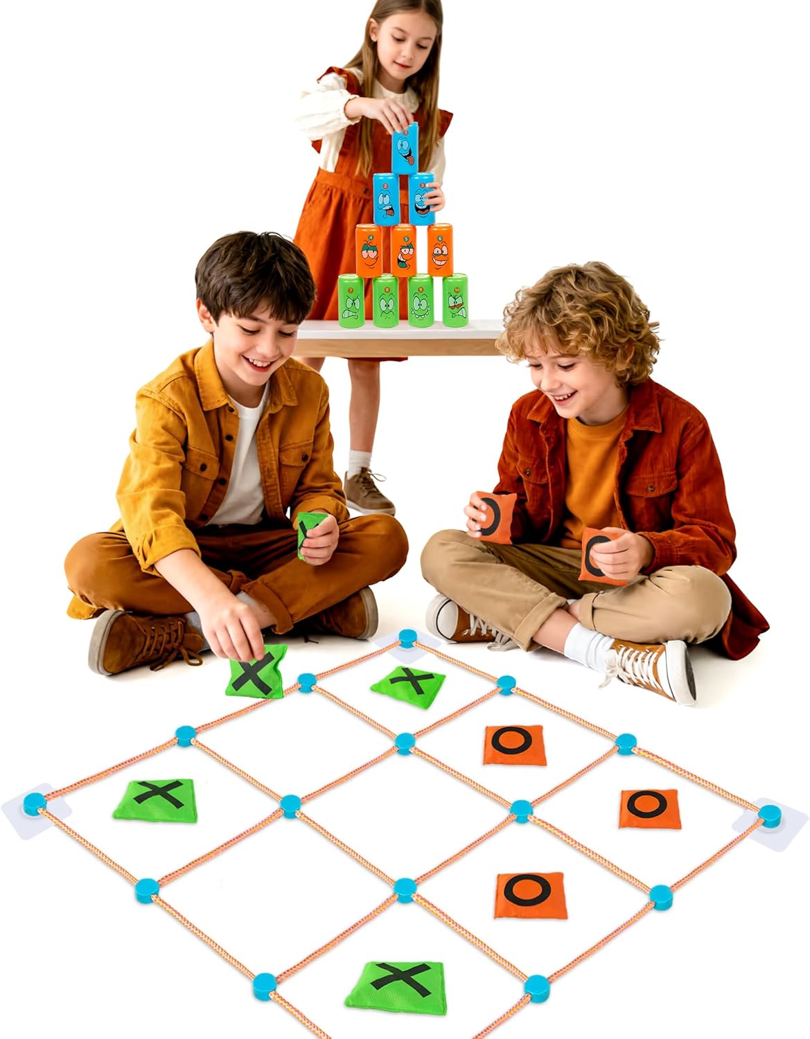 2-in-1 Giant Tic Tac Toe and Can Toss Game - Outdoor Games for Kids & Family, Backyard and Indoor Party Game Set with Bean Bags & Storage Bag