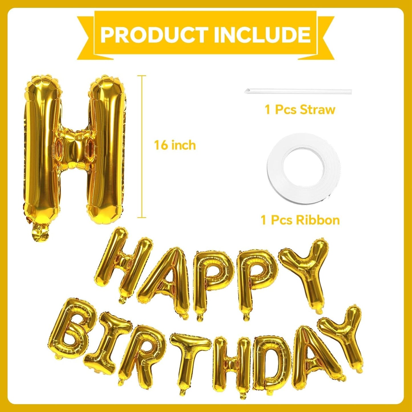 KALOR Gold Happy Birthday Balloons Banner, 16 Inch Mylar Foil Letters Balloon Sign for Women, Men, Boys & Girls Kids Birthday Decorations Photo Backdrop