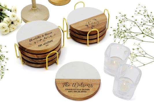 Personalized Coasters for Couples, Wedding, Housewarming Gifts for Home Decorataions, Custom Coaster for Newlyweds, Anniversary, Christmas, Engagements, Valentines Day, Two-Tone Marble and Wood