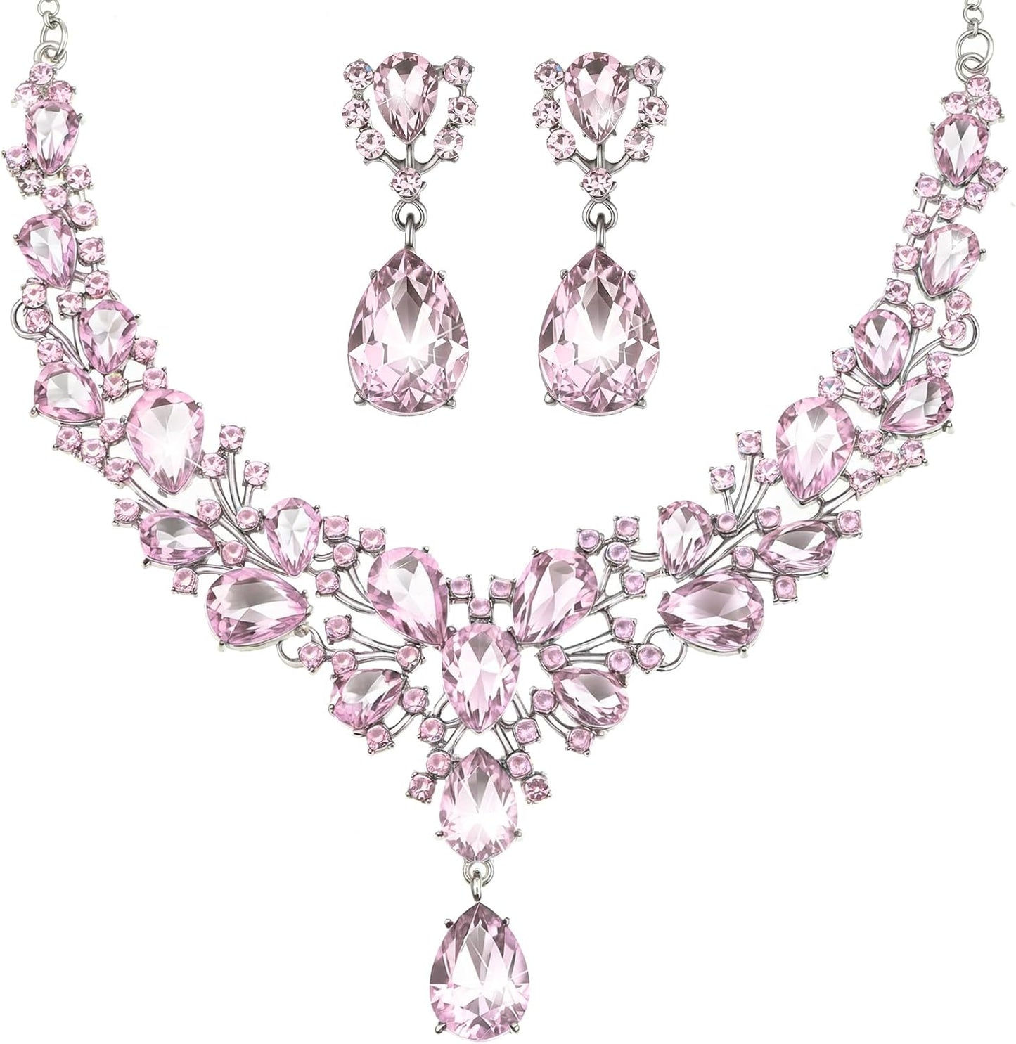 Hicarer Bridal Teardrop Cluster Crystal Jewelry Set for Women Necklace Earrings Wedding