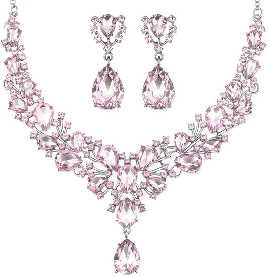 Hicarer Bridal Teardrop Cluster Crystal Jewelry Set for Women Necklace Earrings Wedding