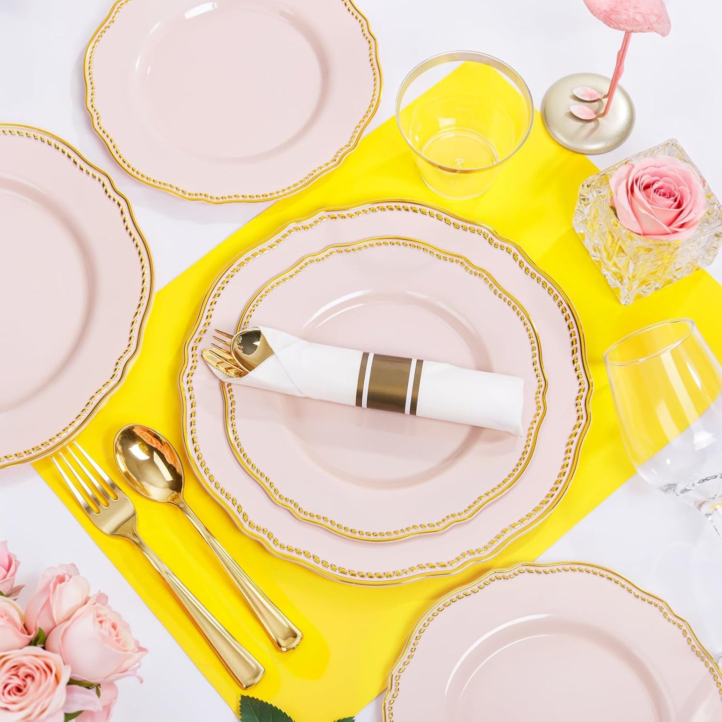 Hioasis 350pcs Pink and gold Plastic Plates - Pink Plastic Dinnerware Set Includes 50 Dinner Plates, 50 Dessert Dinnerware, 50 Cups, 50 Rolled Napkin Cutlery Perfect for Wedding & Party