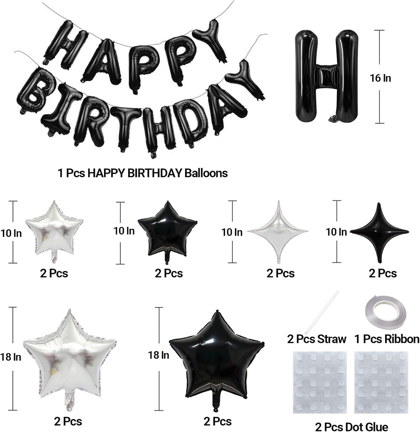 KALOR Black Happy Birthday Balloons Kit with16 Inch Mylar Foil Letters Balloon and Silver Star Balloons for Women, Men, Boys & Girls Kids Birthday Decorations Photo Backdrop