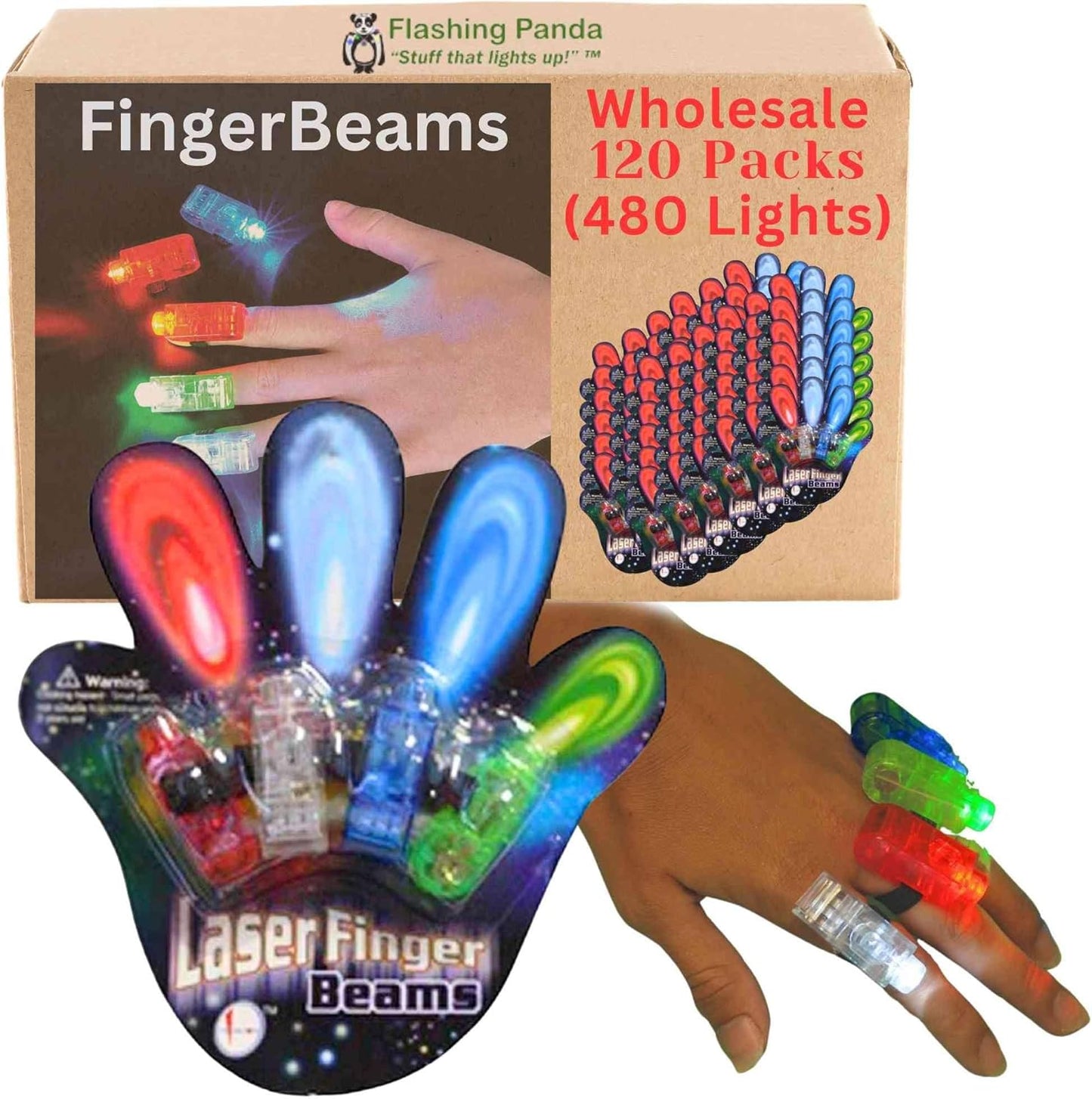 120 Packs Wholesale (480 Rings) FingerBeams LED Finger Ring Lights, 4 Color Flashlights Per Card, Stocking Stuffers, Rave, Night Club, Parties, Concerts, Safety at Night, Halloween