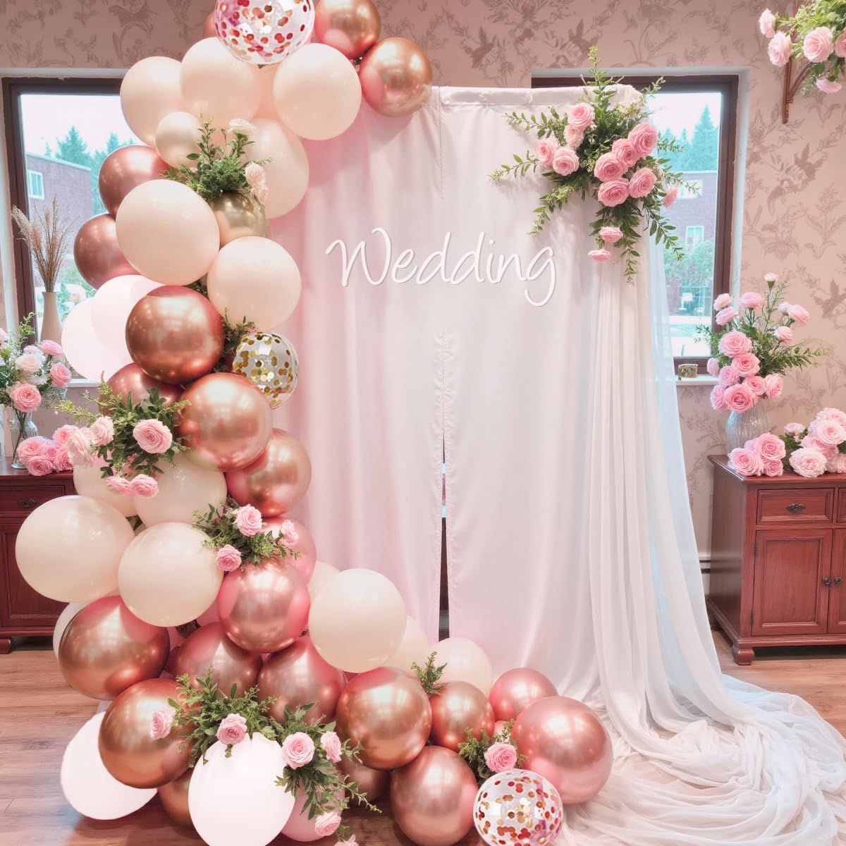 147PCS Rose Gold Balloon Garland Arch Kit, Pearl Rose Gold Metallic White Nude Balloons with Confetti for Wedding Bridal Shower Princess Party Girl Birthday Baby Shower Decorations