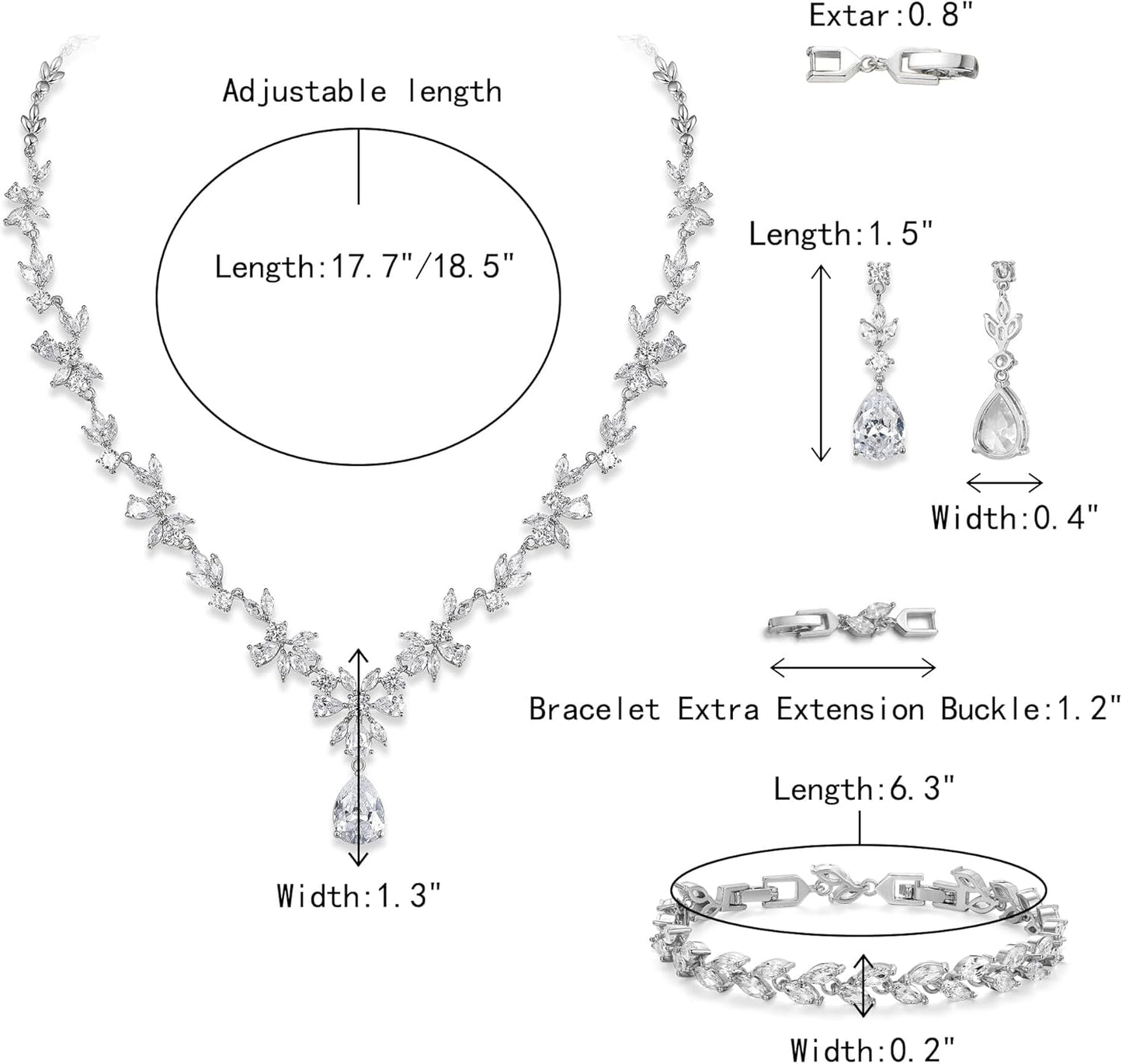 Crysdue Wedding Jewelry Set for Women, Floral Leaf Vine Teardrop Necklace Dangle Earrings Bracelet and Hair Comb, Cubic Zirconia Elegant Party Prom Jewellery for Bridal Bridesmaid