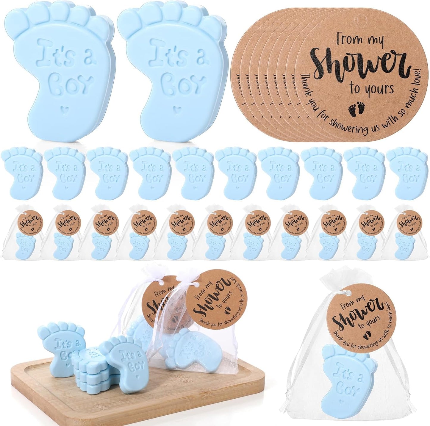 50 Sets Baby Shower Soap Favors for Guests Boy Girl Mini Handmade Scented Soaps with Thank You Tags and Organza Bags for Shower Gender Reveal Party Favors(It's A Boy,Blue Baby Feet)