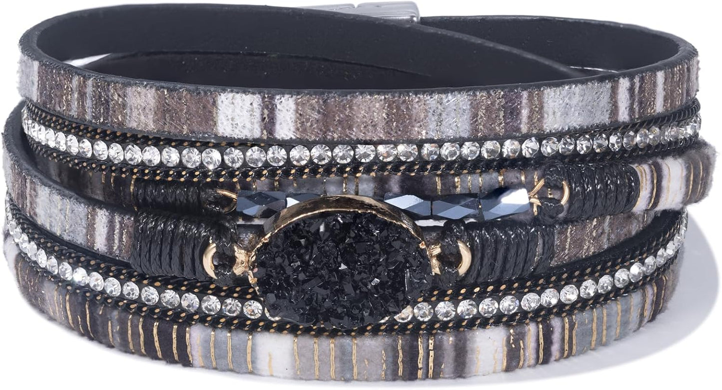 FANCY SHINY Leather Wrap Bracelet Boho Cuff Bangle Bracelets Crystal Bead Bracelet with Magnetic Clasp Jewelry Gifts for Women