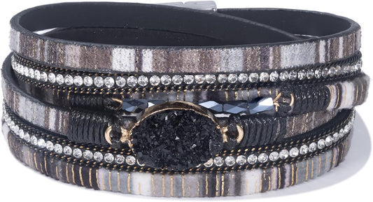 FANCY SHINY Leather Wrap Bracelet Boho Cuff Bangle Bracelets Crystal Bead Bracelet with Magnetic Clasp Jewelry Gifts for Women