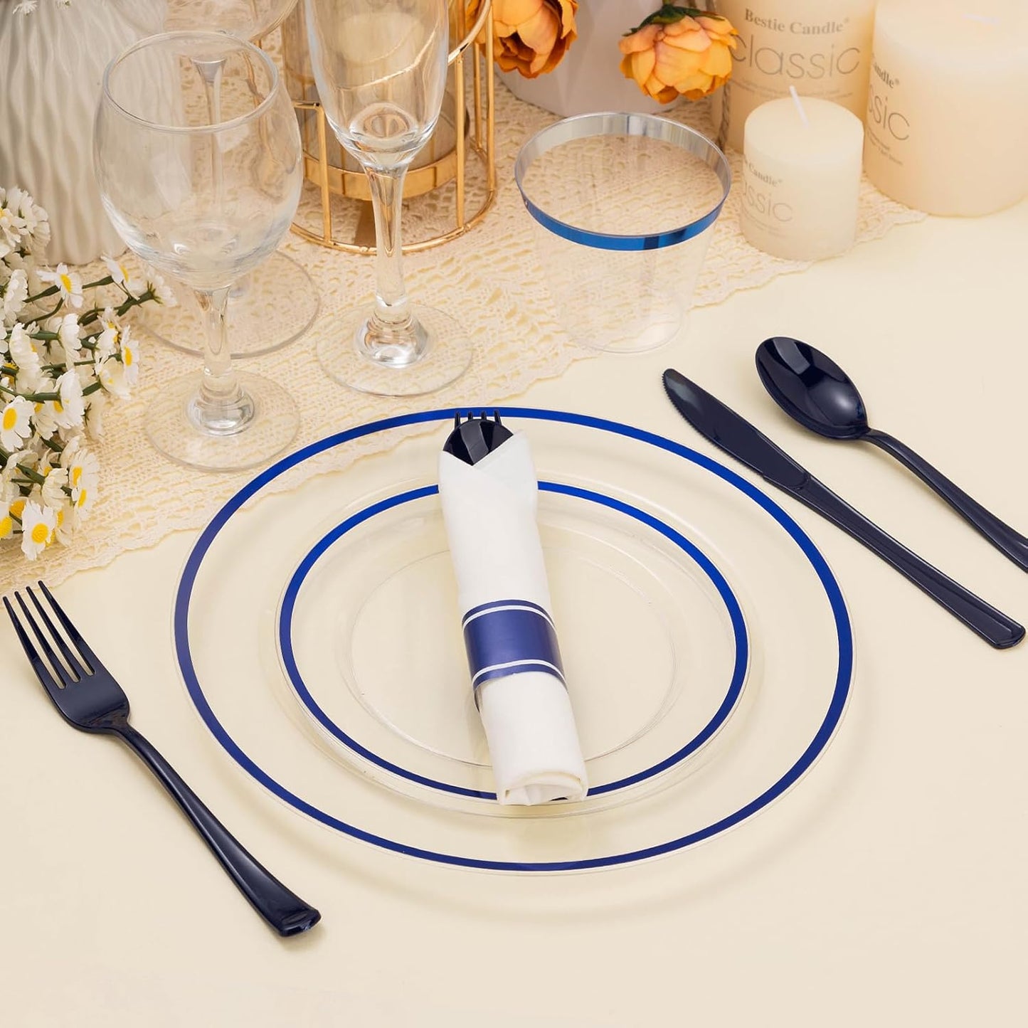 350PCS Clear and Blue Disposable Plates Set for 50 Guests, 100 Plastic Plates, 50 Cups, 50 Pre-Rolled Napkins with Plastic Cutlery for Party, Birthday, Thanksgiving, Christmas, Halloween