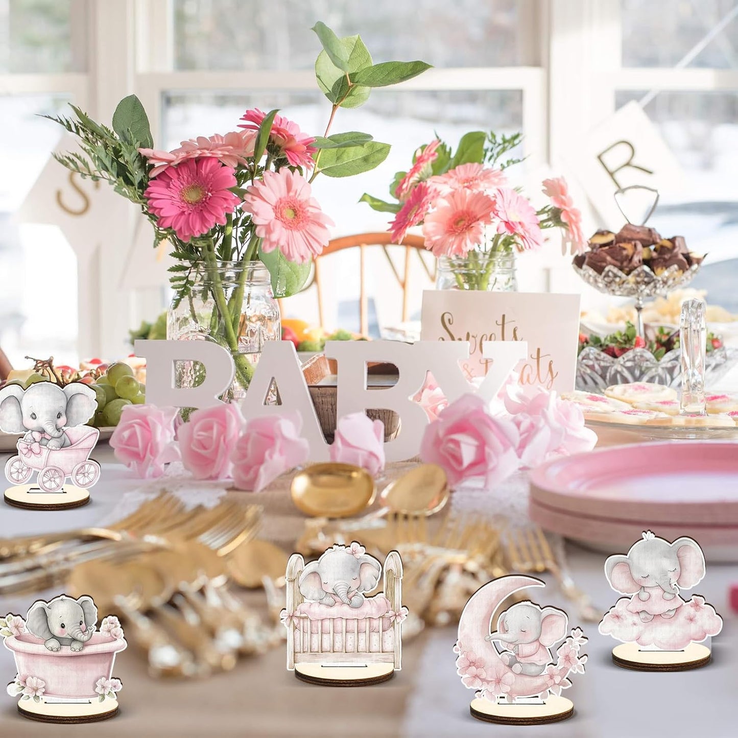 16 Pcs Wooden Baby Shower Table Centerpiece Pink Elephant Tabletop Detachable Sign It's A Girl Gender Reveal Table Toppers Display Decoration Elephant Birthday Photo Props Party Favor Supplies