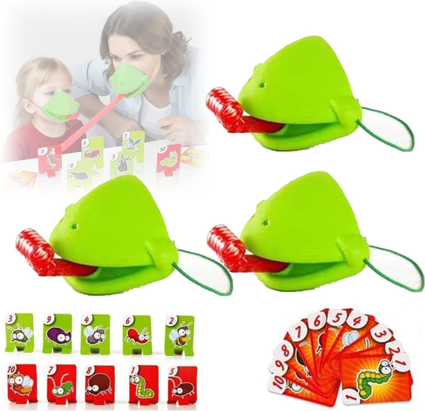 Chameleon Tongue Shooting Game, Lizard Party Blower Masks with Blowing Air Chameleon Tongue Game for Kids, Insect Cardboard Included (3 People)