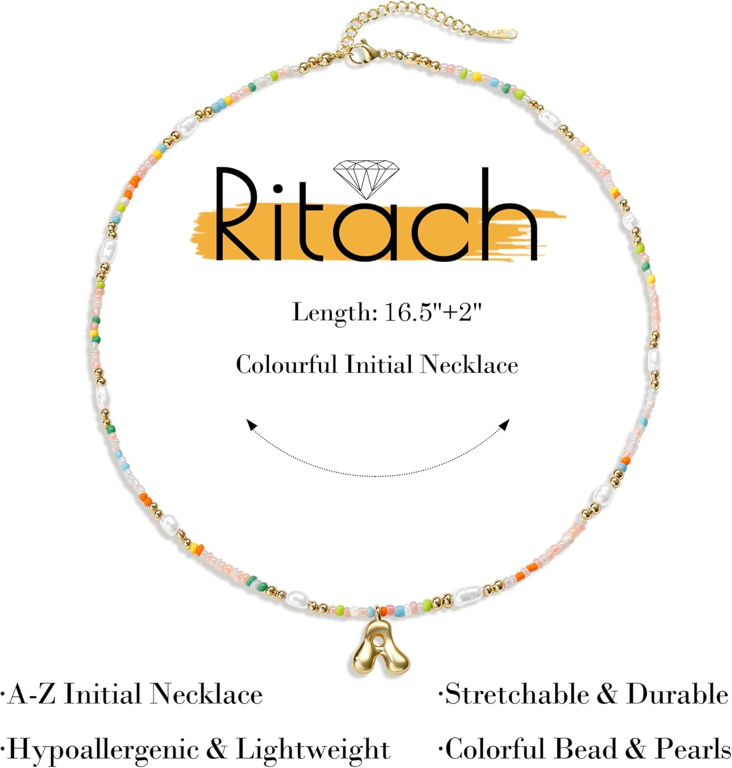 Ritach Initial Necklaces for Women Girls - Christmas Gifts for Grandkids Light Colorful Beaded Pearl Initial Necklace Gold/Silver Bubble Pendant Letter Necklace Stocking Stuffers for Teen Girls Women