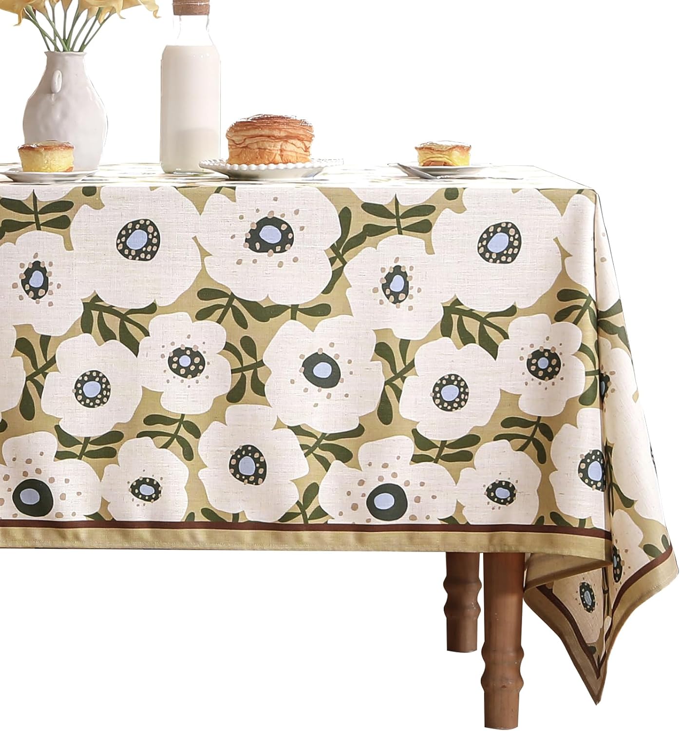Designer Vintage Rectangular Tablecloth,Linen French Tablecloth with White Floral Pattern,Decorative Table Cover for Kitchen,Dining,Thanksgiving,Christmas,Tea Party,55"*87"-Hidaka