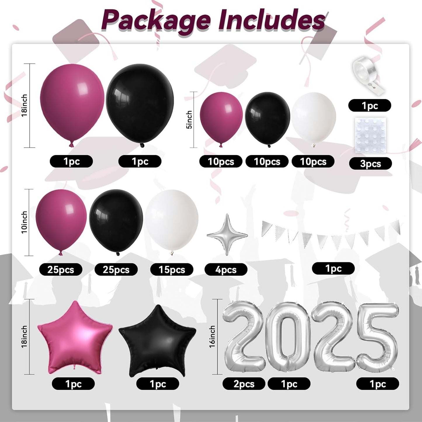 Burgundy Black White Balloons Arch Kit with Star Balloon Pennant Flag Bunting 2025 Foil Balloon Banner Maroon Balloons Garland for Class of 2025 Graduation Theme Birthday Party Supplies