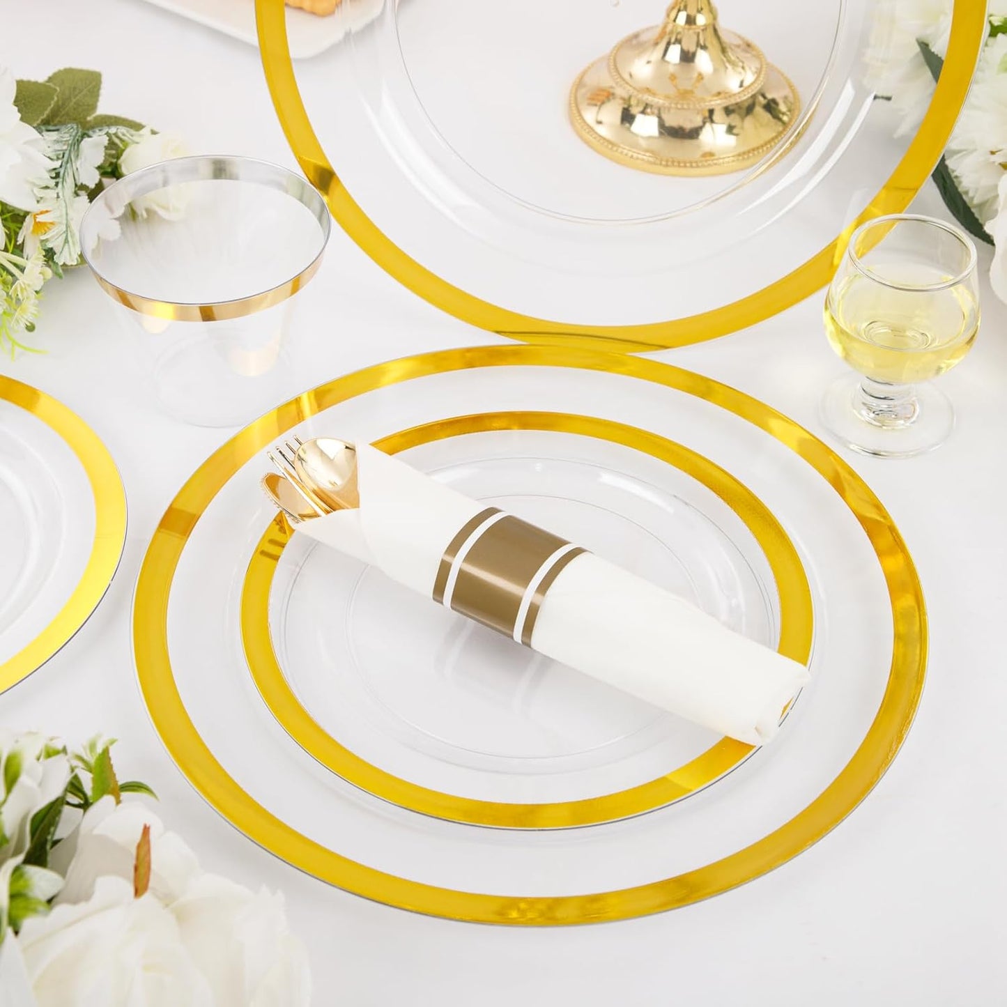 I00000 210 Pcs Clear Plastic Plates,Gold Disposable Plates,Include 30 Dinner Plates 10.25'',30 Dessert Plates 7.5'',30 Gold Rim Cups 30 Pre Rolled Napkins with Plastic Cutlery for Thanksgiving