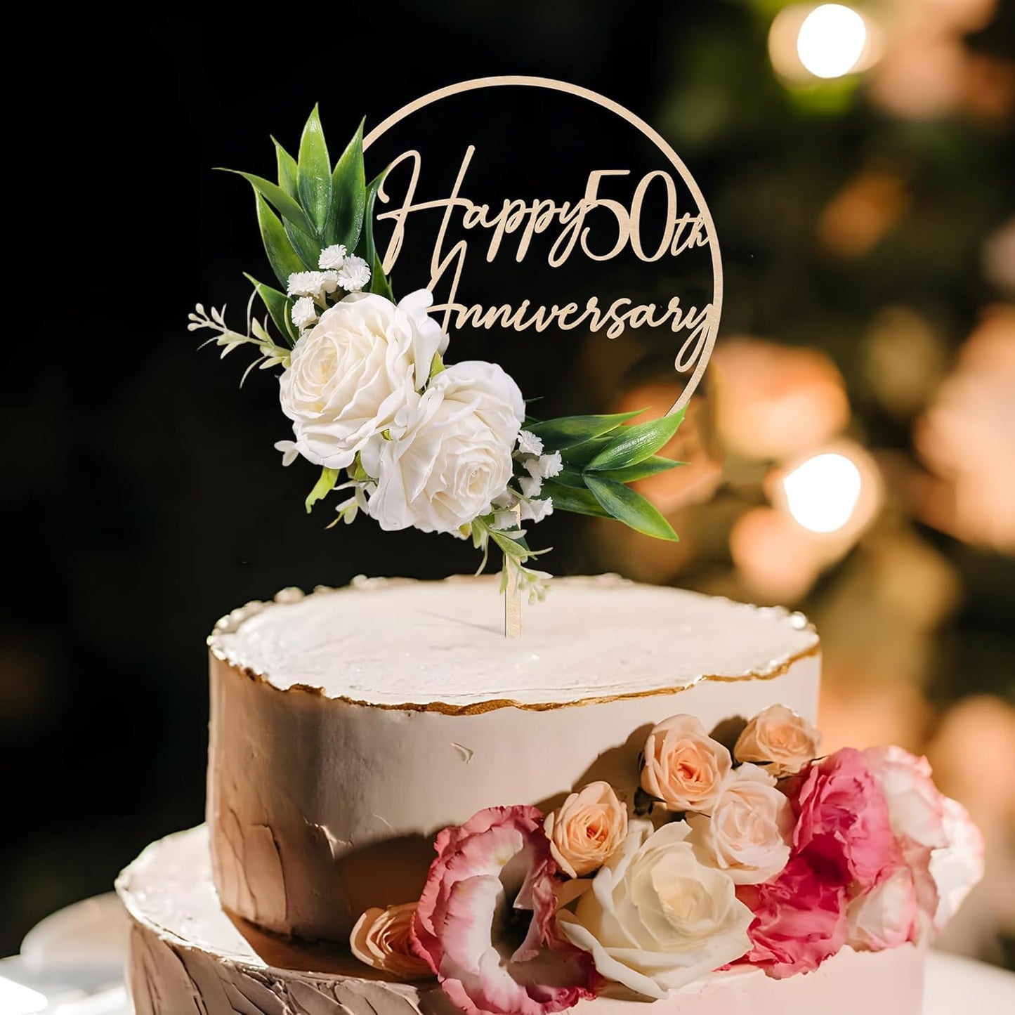 50th Wedding Anniversary Cake Topper 3D Artificial White Roses Flower Arrangement 50th Anniversary Cake Decoration