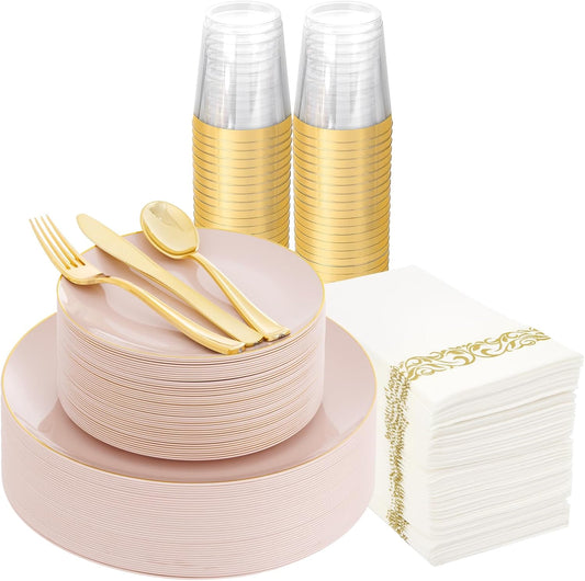 Supernal 350pcs Pink Plastic Plates,Plates Disposable Heavy Duty,Pink Disposable Plastic Dinnerware Set Include 50 Dinner Plate,50 Dessert Plate,50 Gold Cutlery,50 Cups&50 Napkins for Party&Wedding