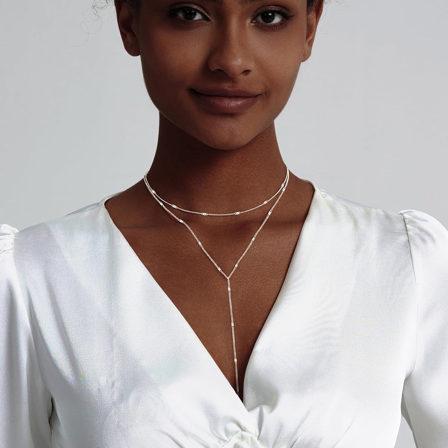 Lariat Gold Necklace for Women, Dainty Long Necklace 14k Gold Plated/Silver Y-Shaped Layered Beaded Chain Drop Necklaces for Women Trendy Simple Gold Jewelry for Women Gifts